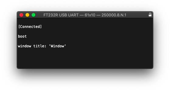 Screenshot of a terminal emulator showing my code running successfully.  "boot [newline] [newline] window title: 'Window'"